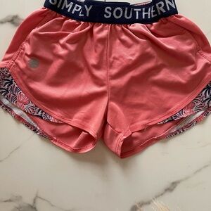 Simply Southern Coral Pink Athletic Shorts with Navy Waistband